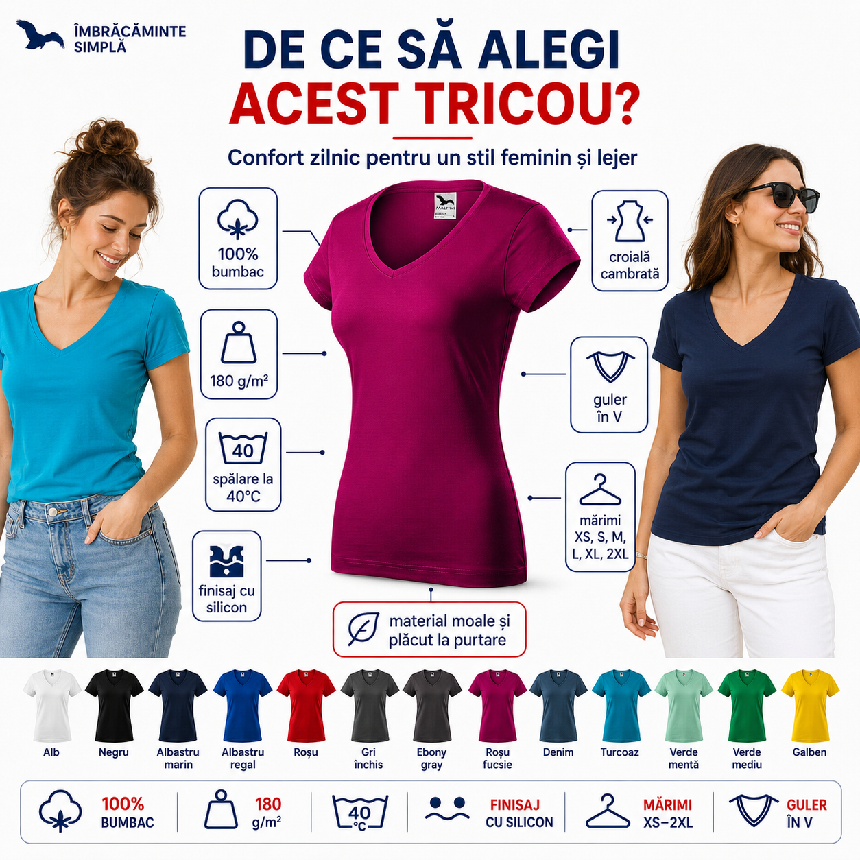 Tricou damă Malfini 162 Fit V-Neck &icirc;n 13 culori disponibile